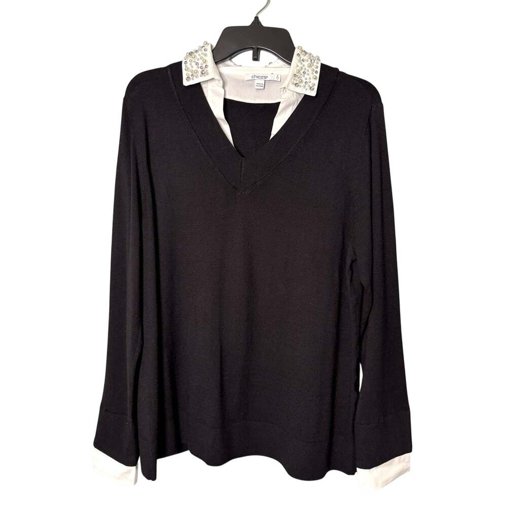 Chico’s Pearl Rhinestone Embellished Layered Collared Sweater Shirt L